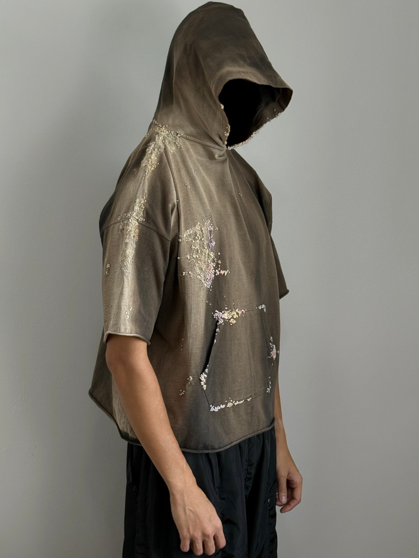"   Embroidered Black Faded Short Hoodie