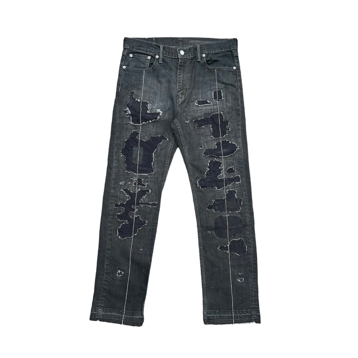 "Patchwork & Distressed Black Denim Pants