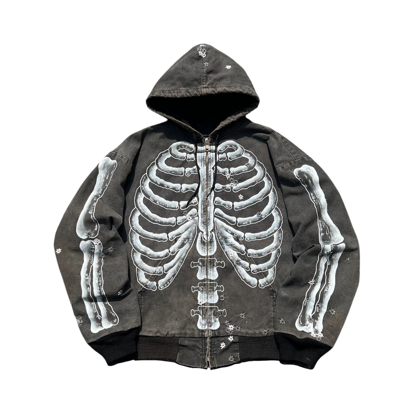 ""'SKELETON 100 HOLE Embroidered Faded Black Jacket ☠️☠️