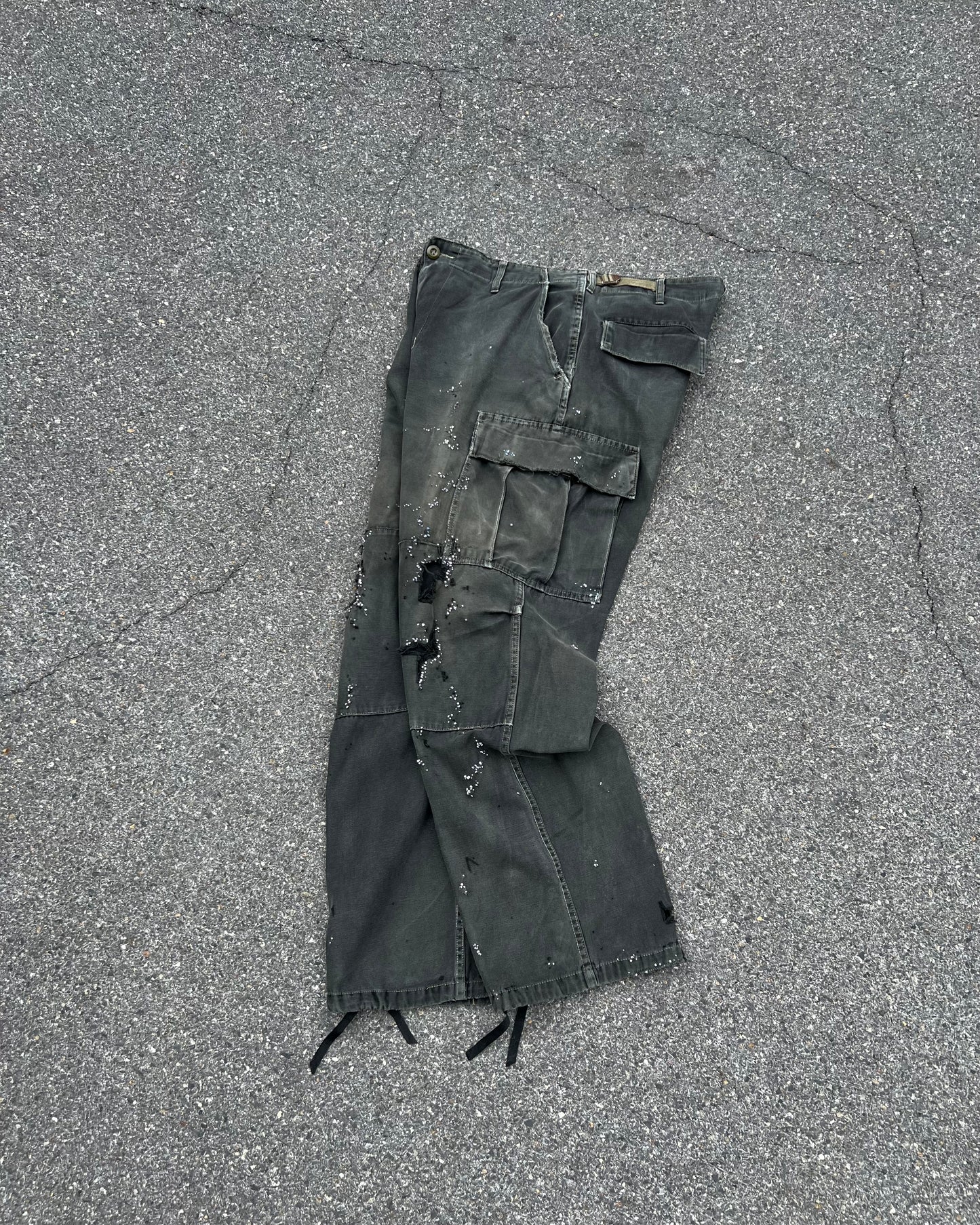 ""'Embroidered Dot Black Faded Cargo Pants