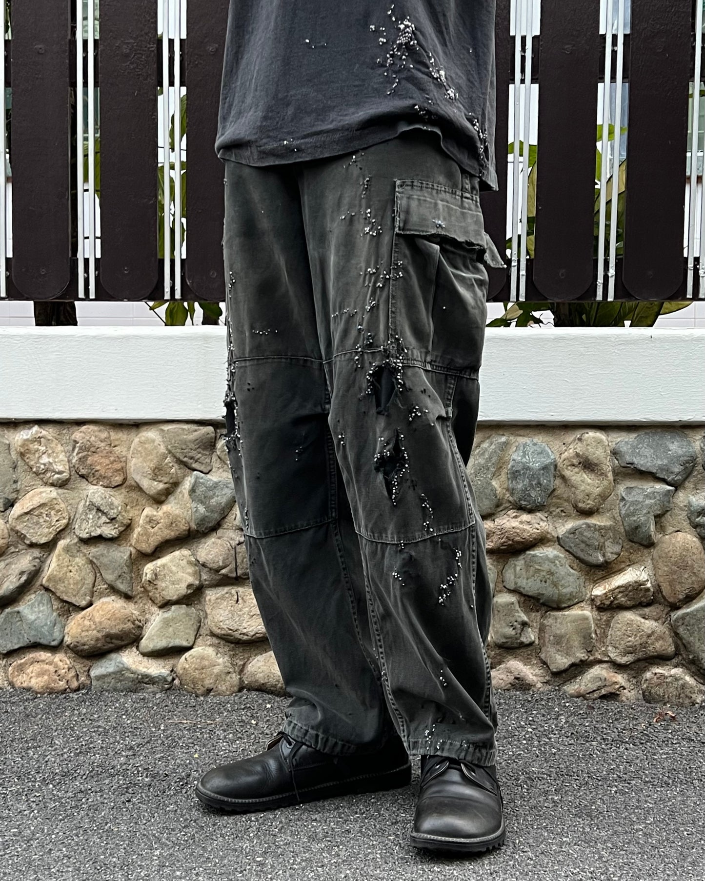 ""'Embroidered Dot Black Faded Cargo Pants