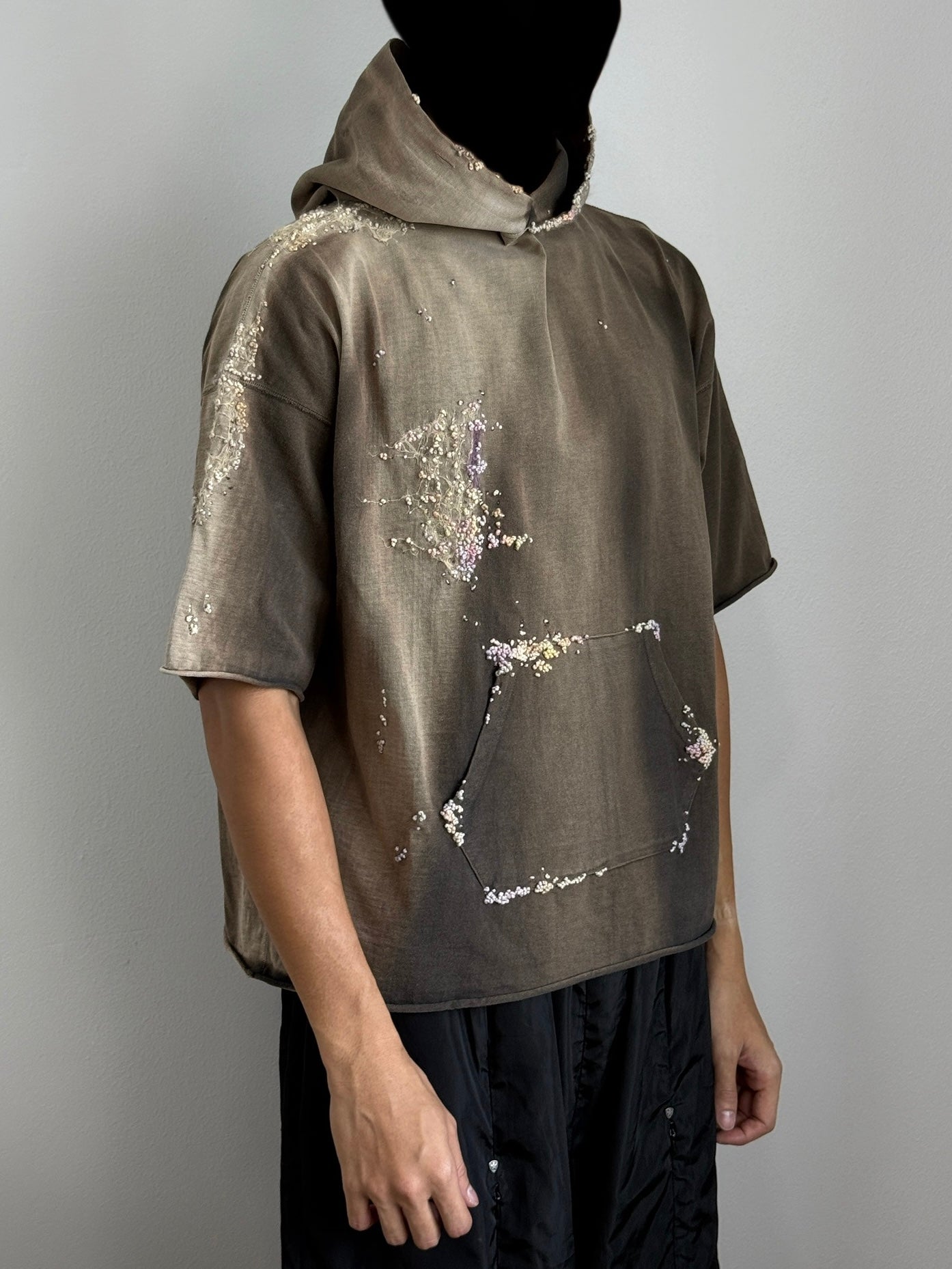 "   Embroidered Black Faded Short Hoodie