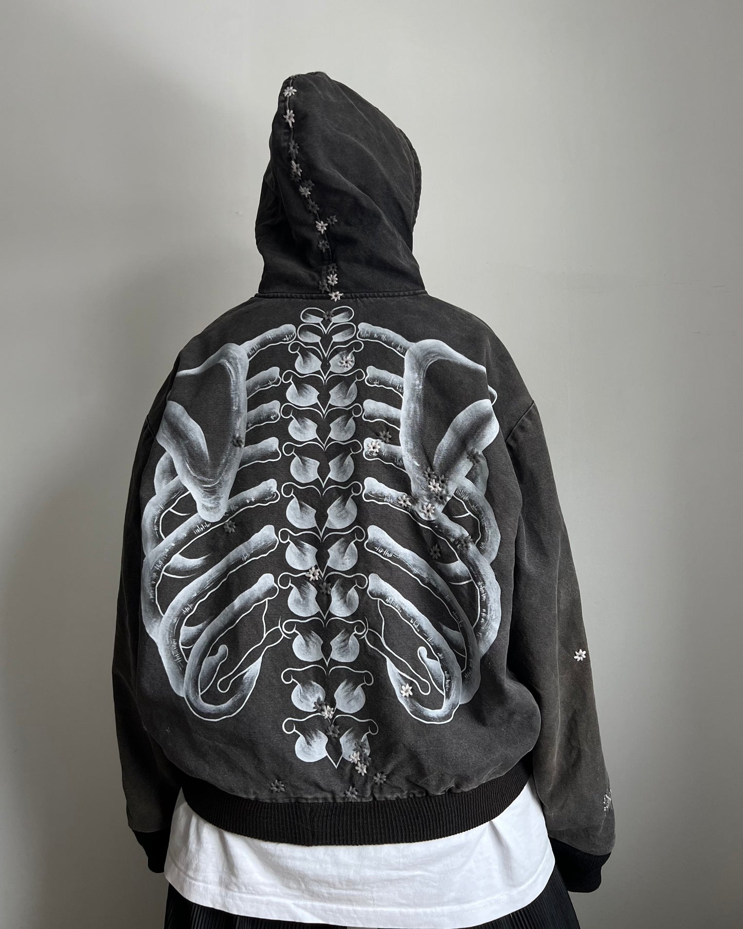 ""'SKELETON 100 HOLE Embroidered Faded Black Jacket ☠️☠️