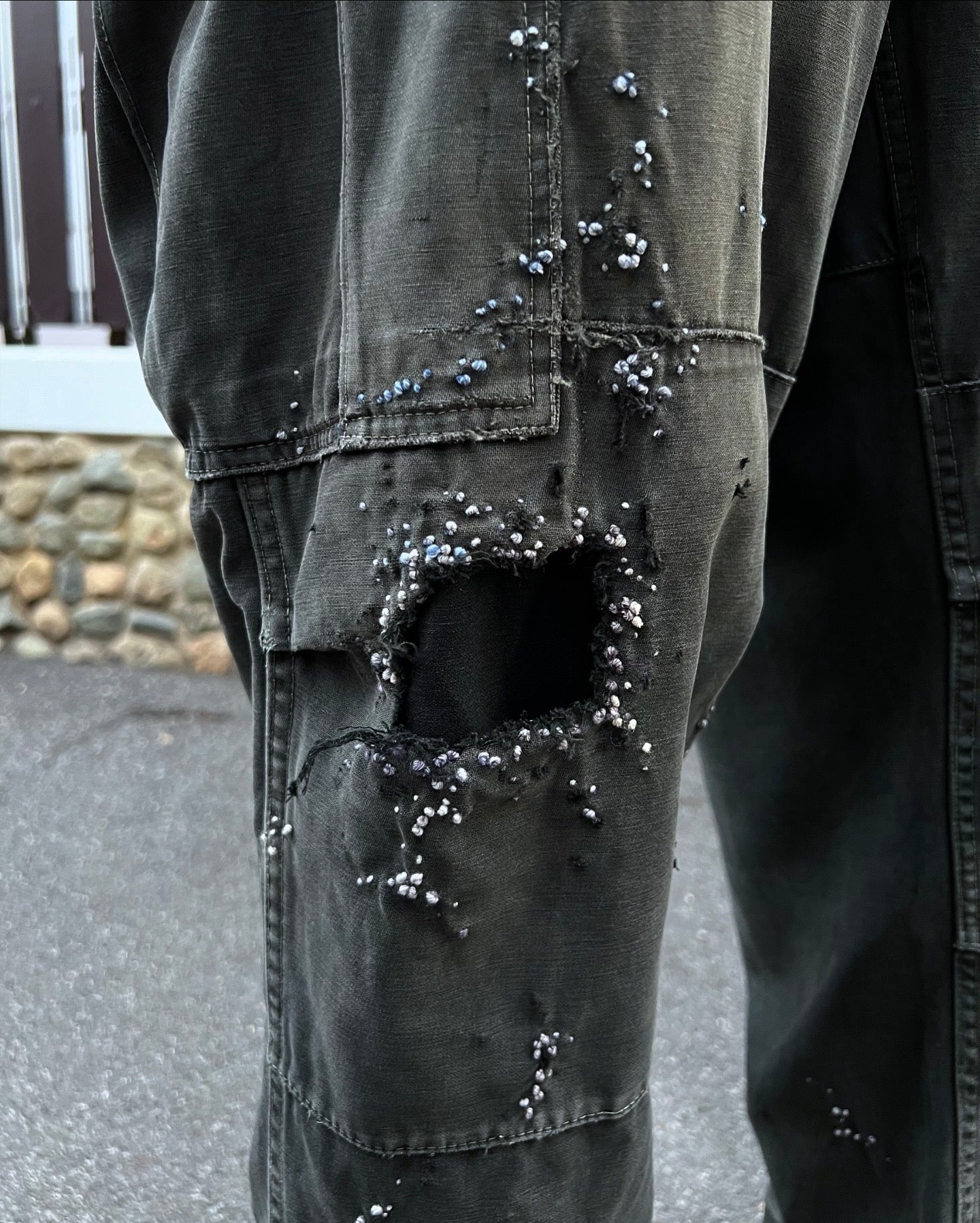 ""'Embroidered Dot Black Faded Cargo Pants