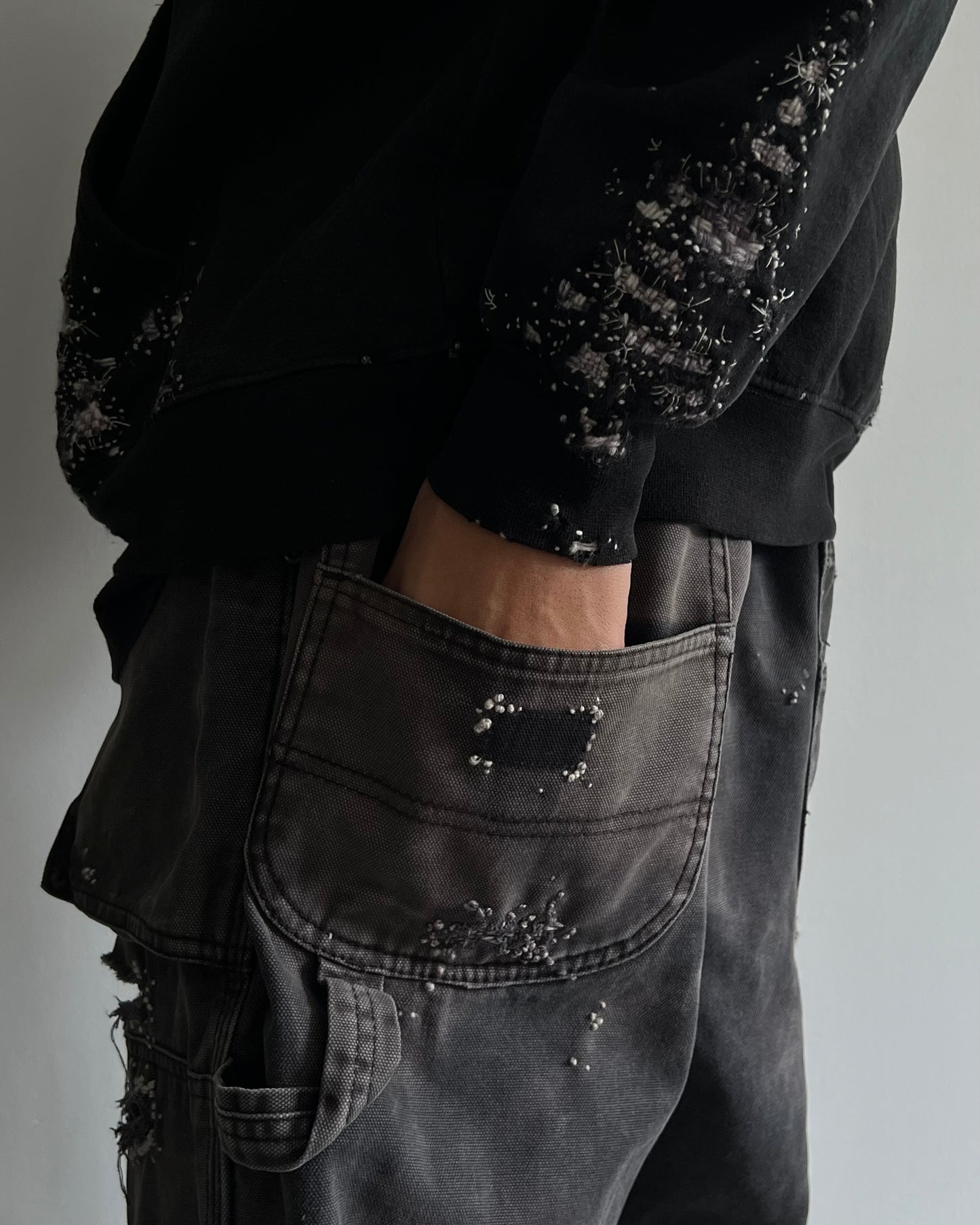 ""'Embroidered Dot Black Faded Double knee Pants