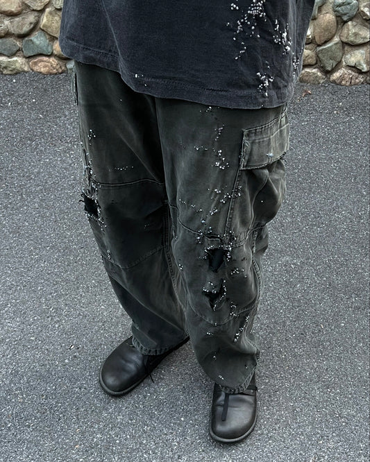 ""Embroidered "Dot' Black Faded Cargo Pants