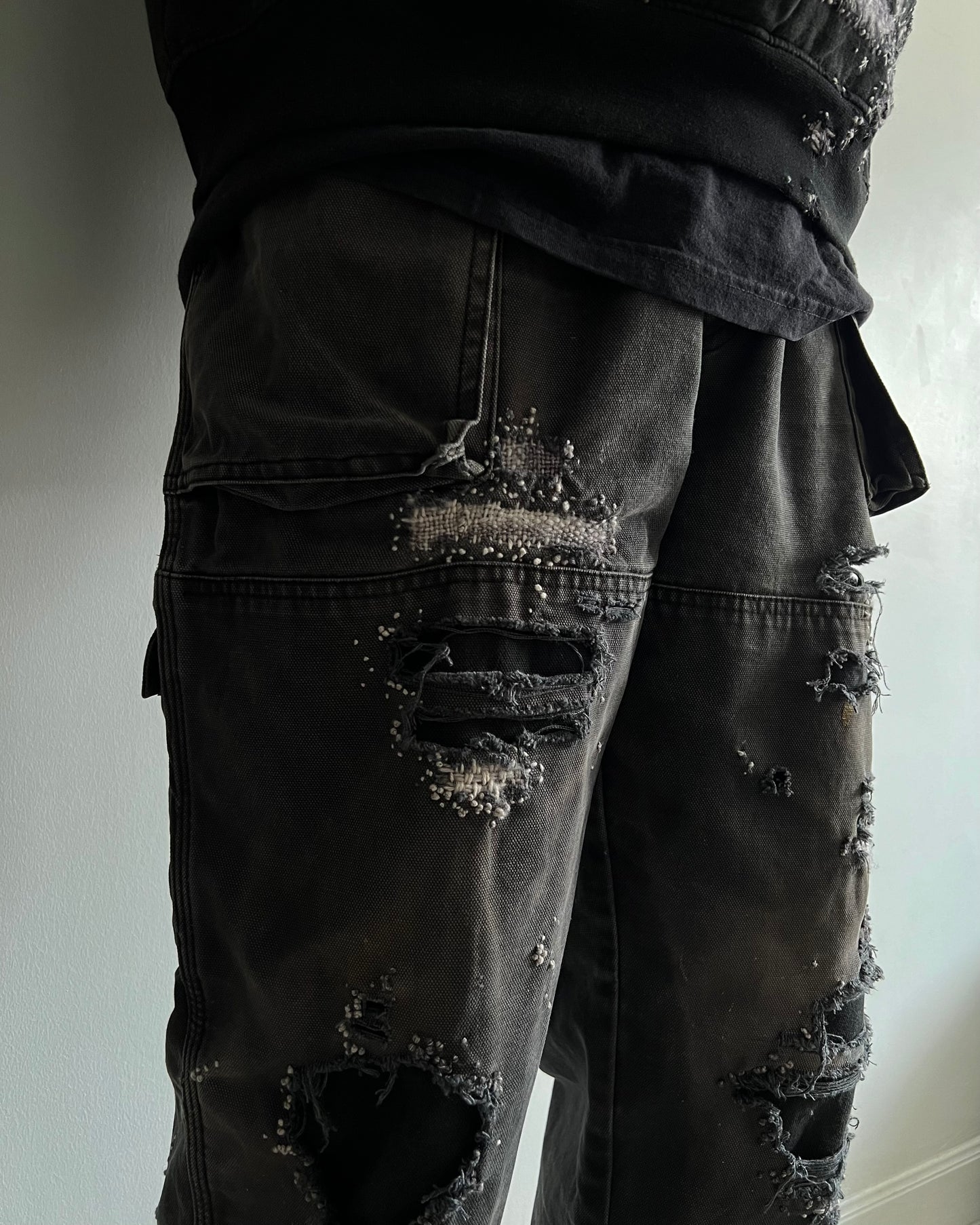 ""'Embroidered Dot Black Faded Double knee Pants