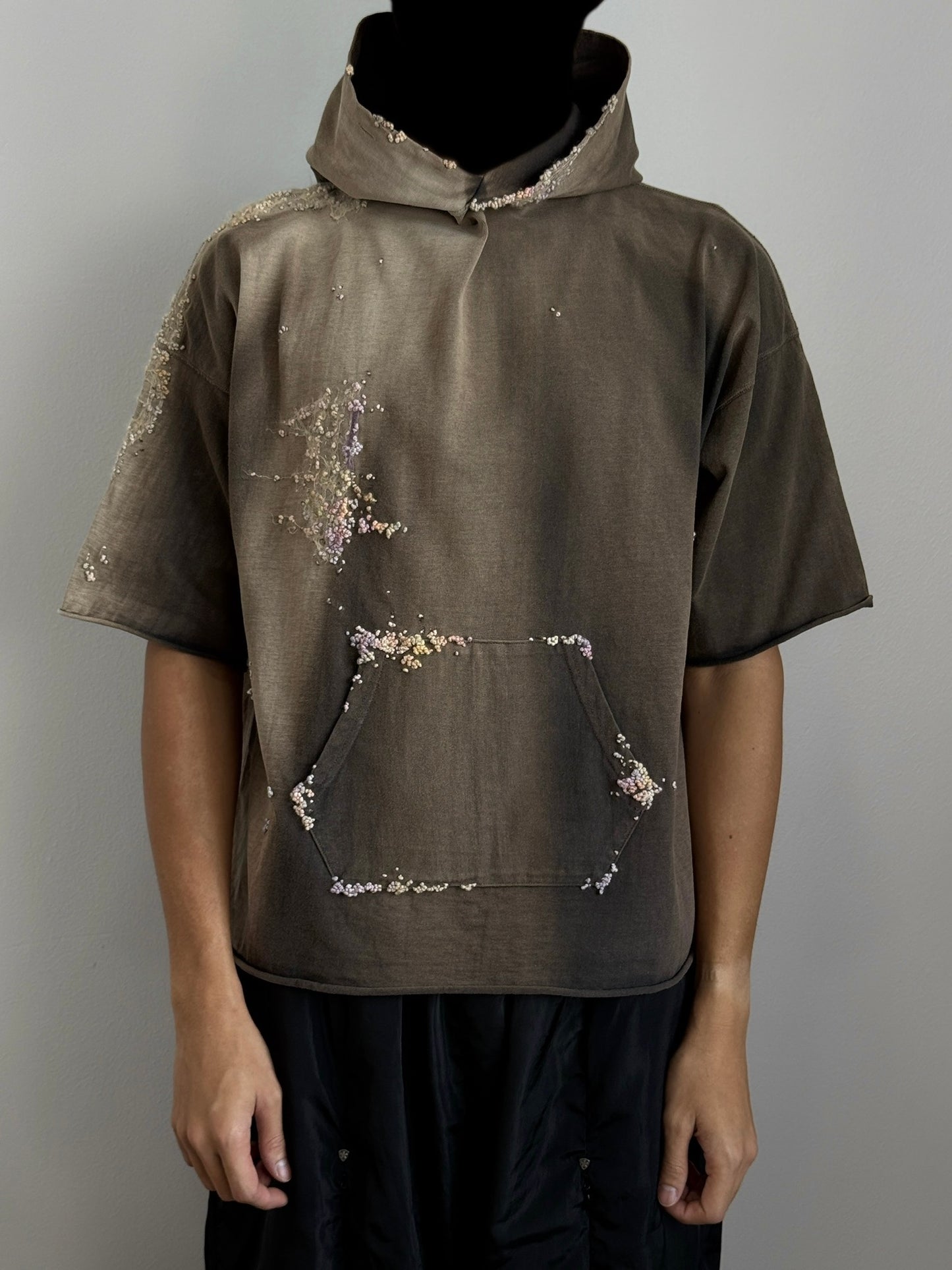 "   Embroidered Black Faded Short Hoodie