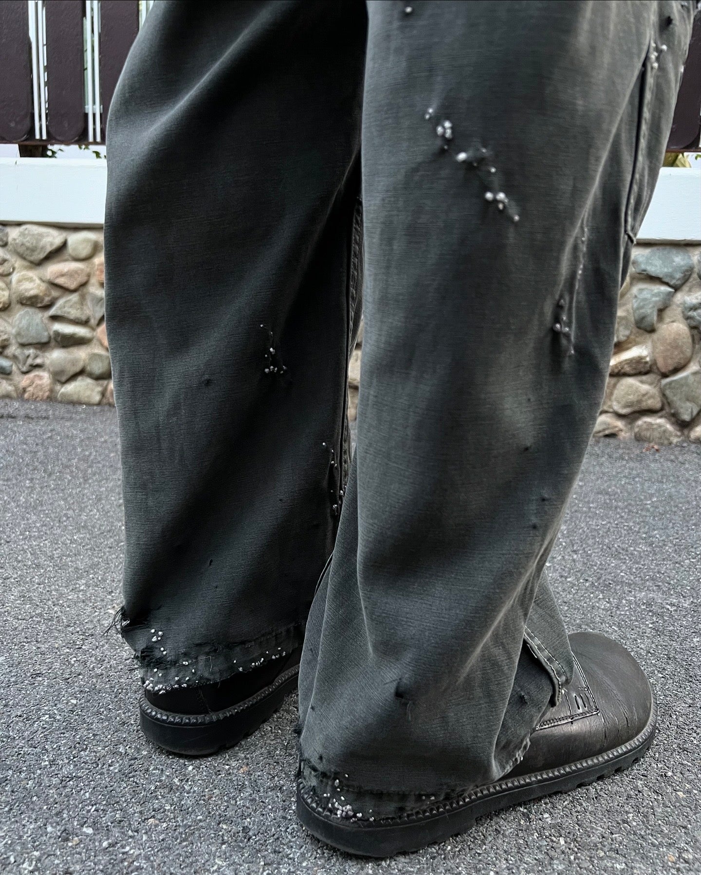 ""'Embroidered Dot Black Faded Cargo Pants