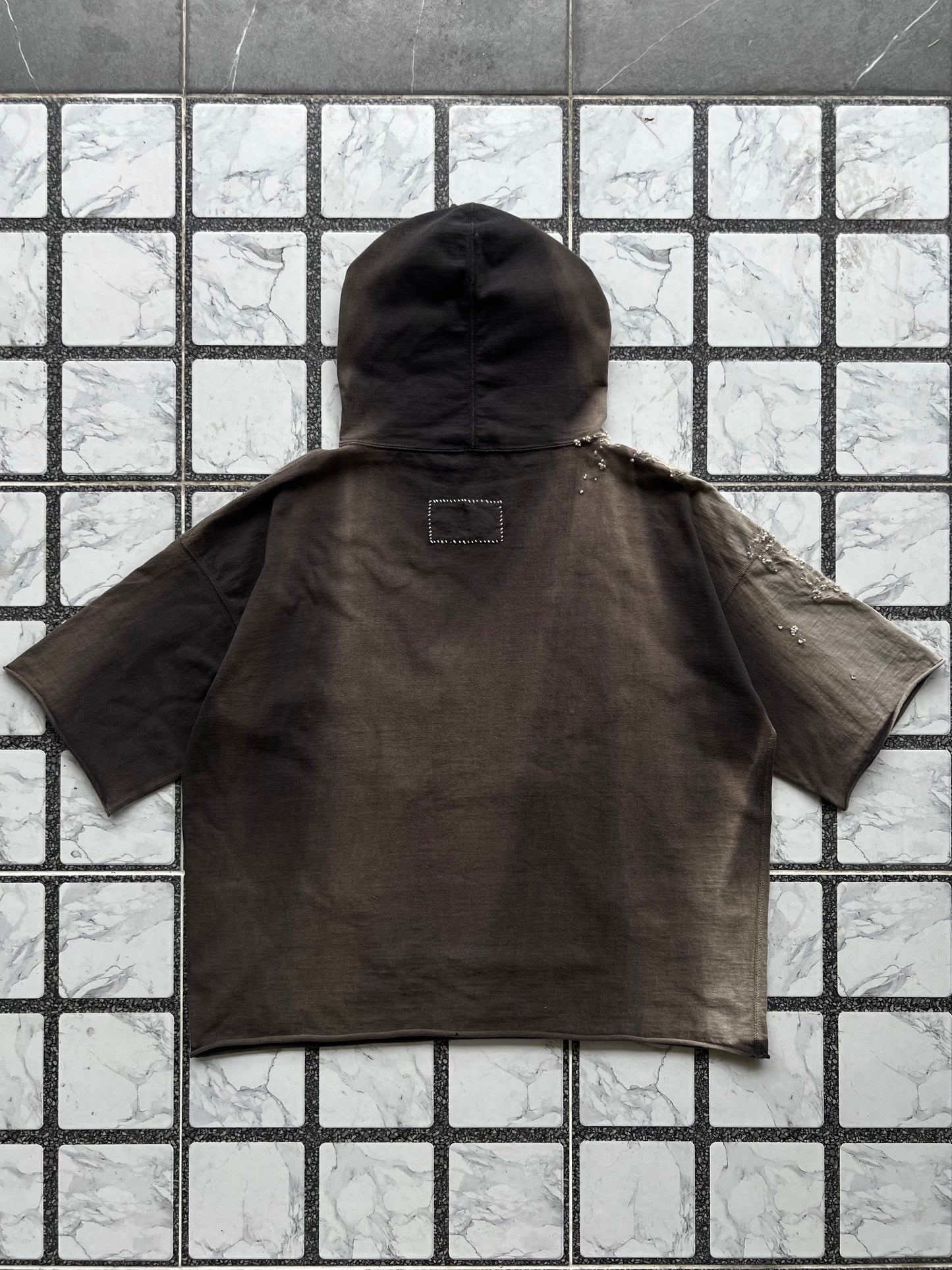 "   Embroidered Black Faded Short Hoodie