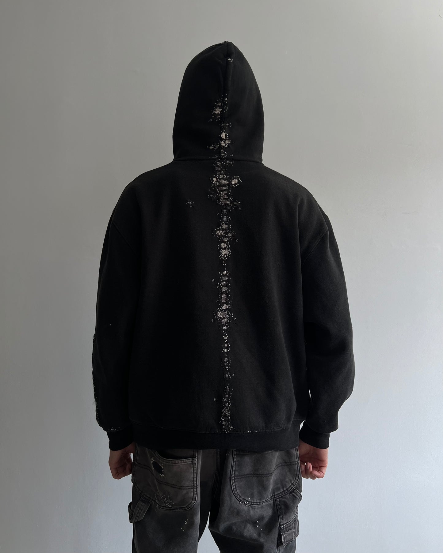 ""'Embroidered BORO Black Hoodie