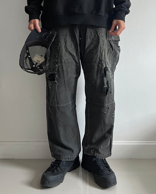 ""'Embroidered Dot Black Faded Cargo Pants