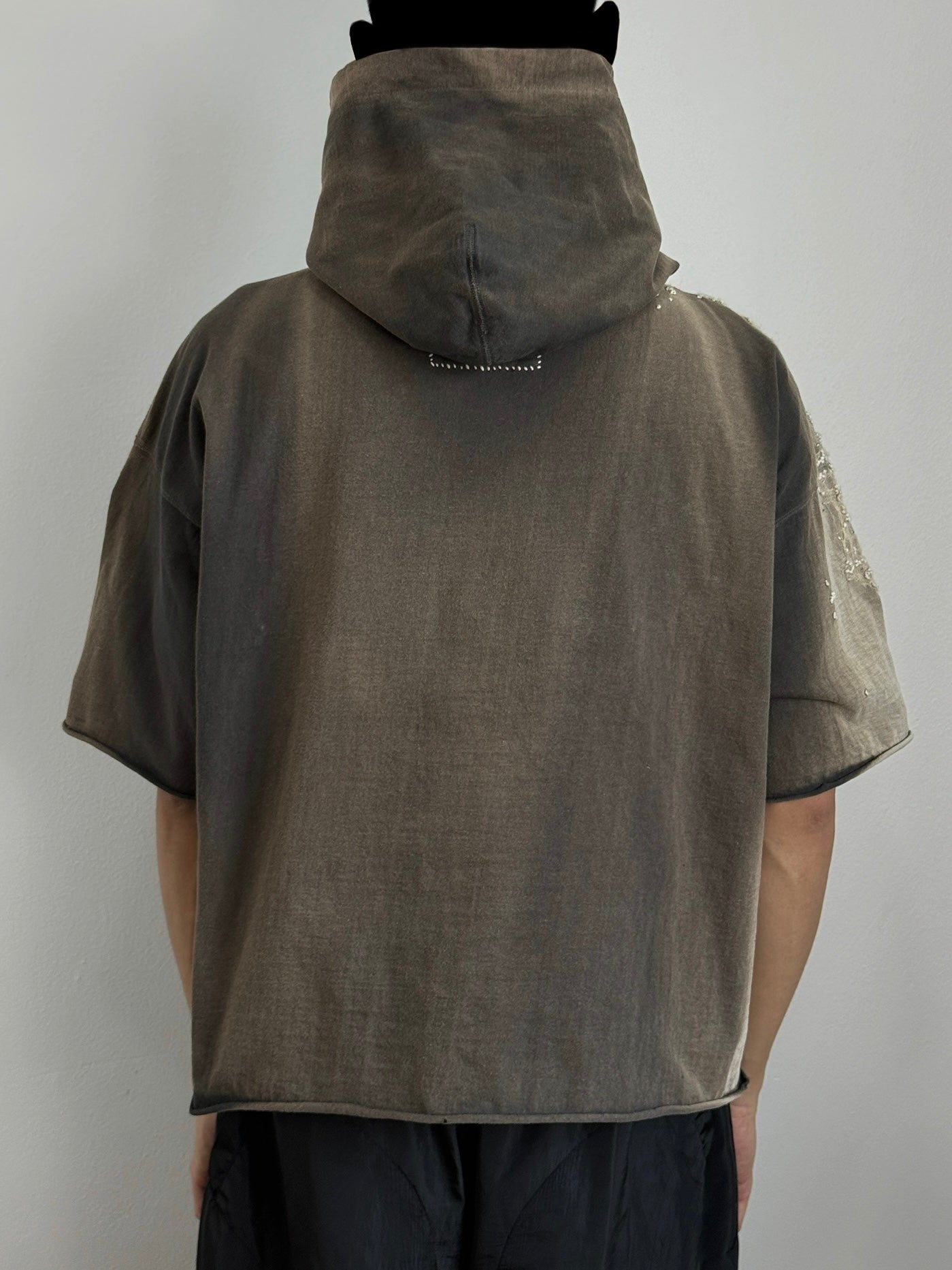 "   Embroidered Black Faded Short Hoodie