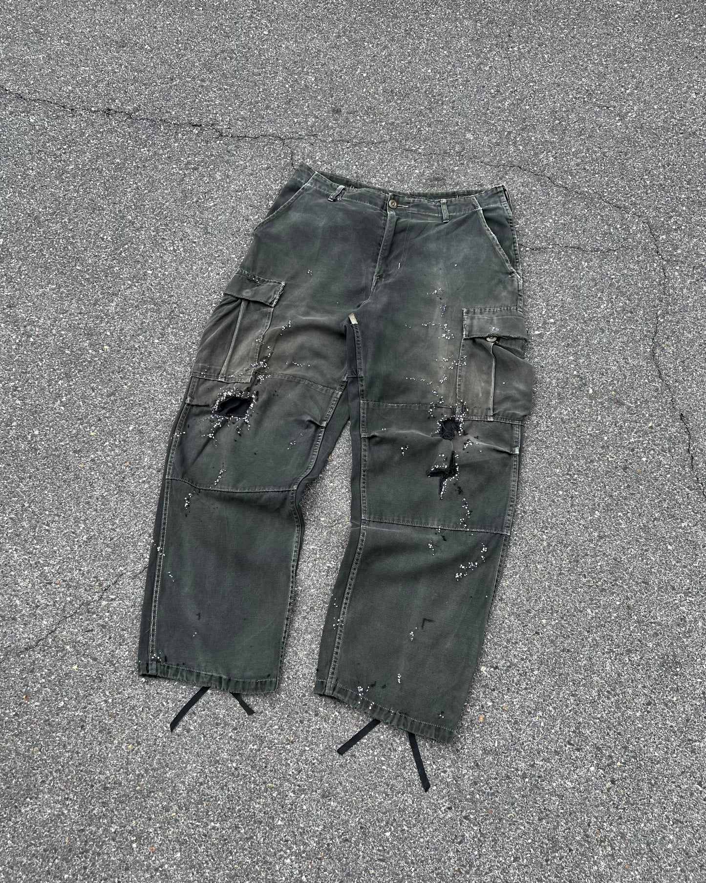 ""'Embroidered Dot Black Faded Cargo Pants