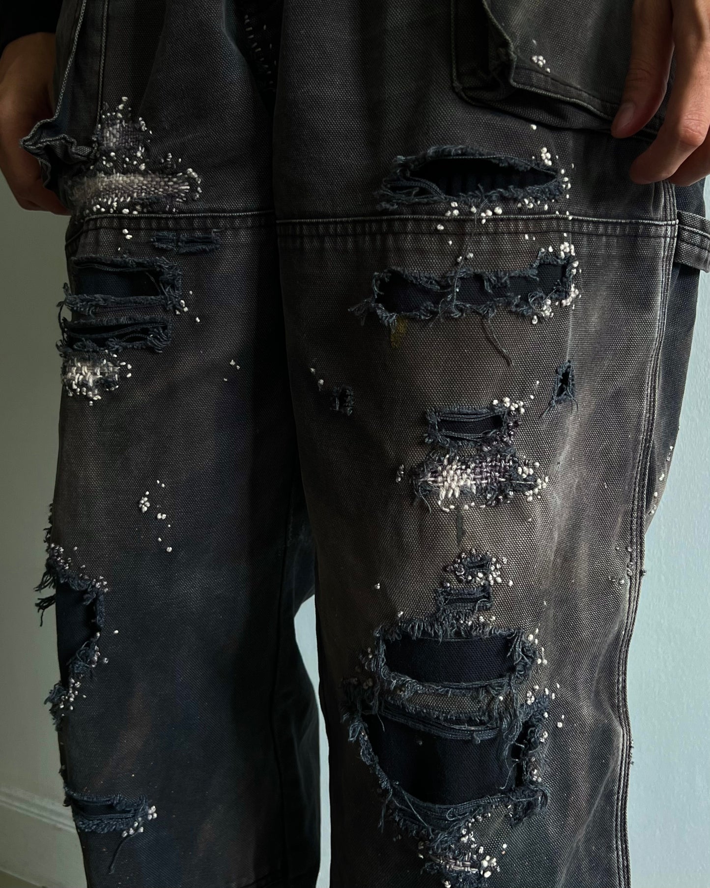 ""'Embroidered Dot Black Faded Double knee Pants