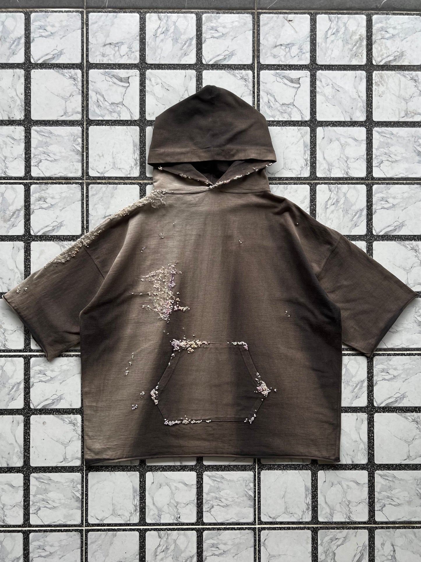 "   Embroidered Black Faded Short Hoodie