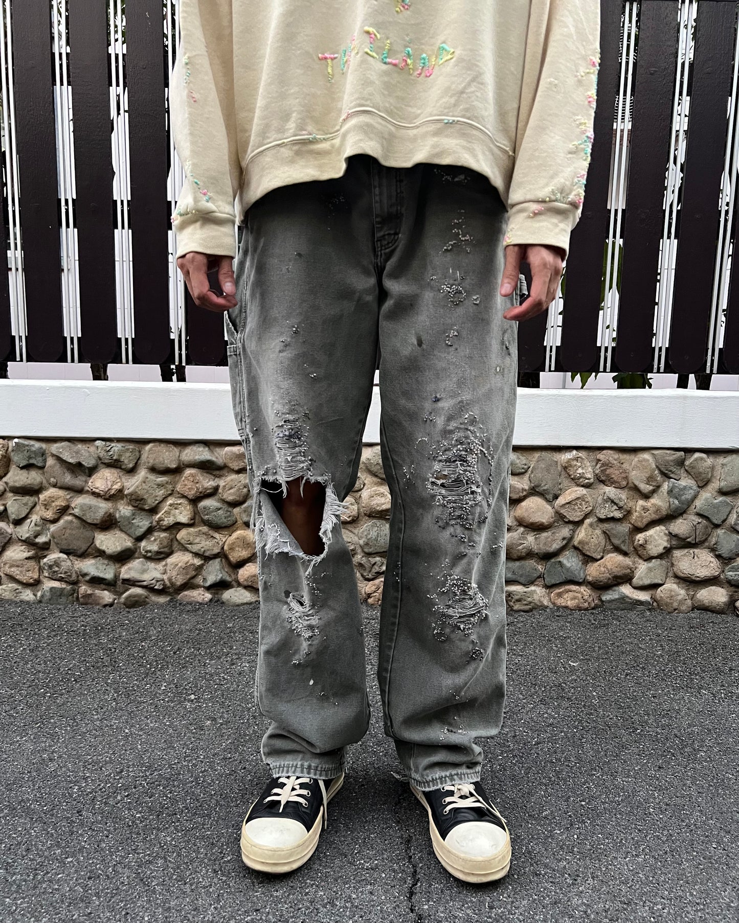 "Embroidered Dot Grey Pants