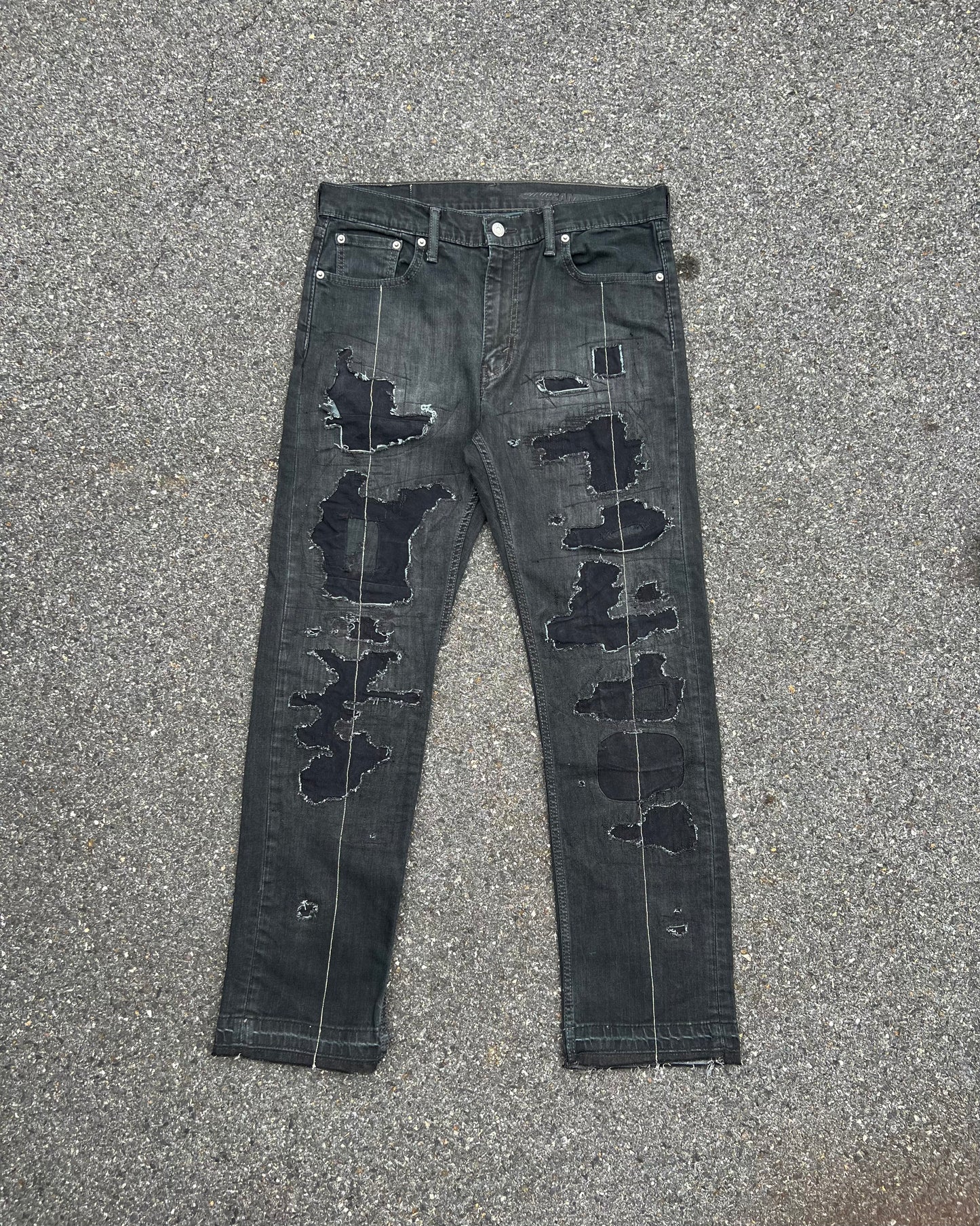 "Patchwork & Distressed Black Denim Pants