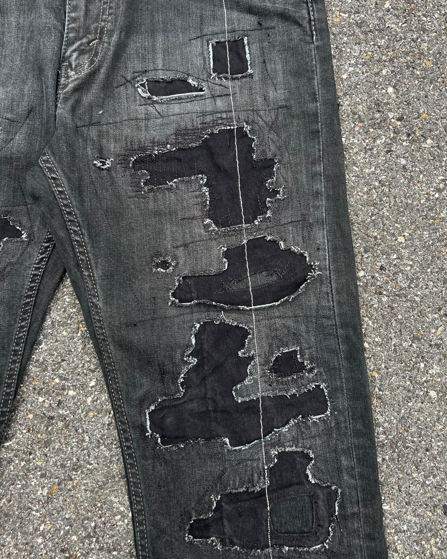 "Patchwork & Distressed Black Denim Pants